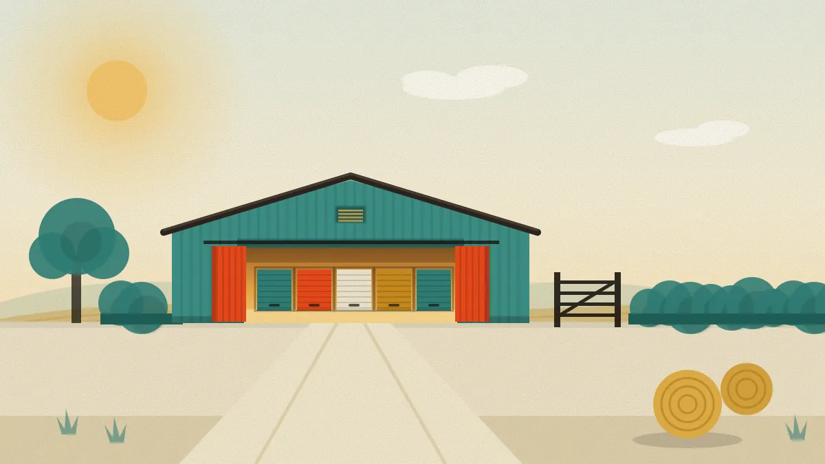 Flat illustration of a farm barn with its sliding doors open on rows of storage units, with a field gate and hedgerow beside it