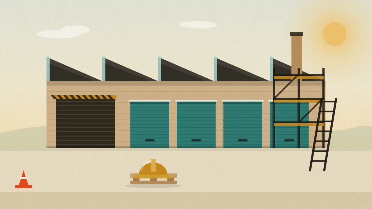 Flat illustration of an old saw-tooth-roofed works with one wide loading door still in place and four new unit doors fitted along its front, scaffolding on the right wall and a hard hat on a pallet