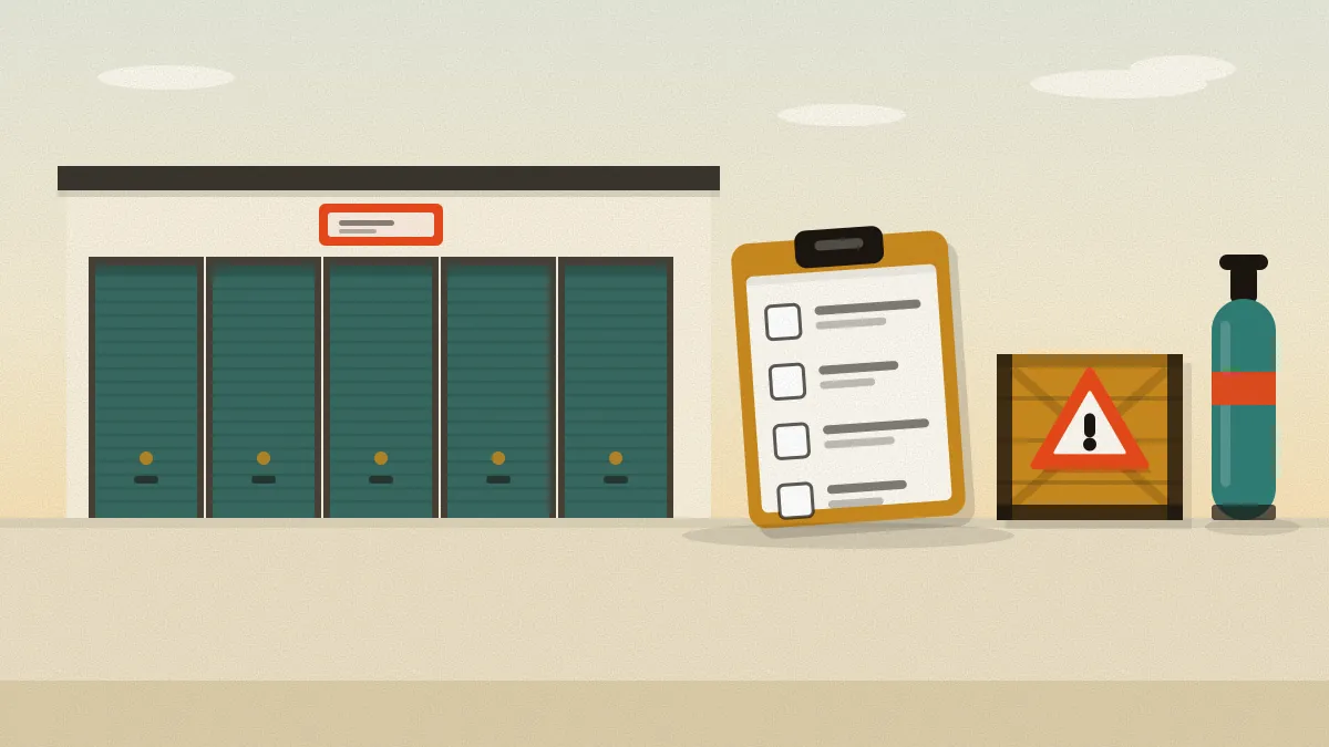 Flat illustration of a storage building with closed roller doors, a clipboard checklist, and a wooden crate with a warning-triangle sign beside a gas cylinder