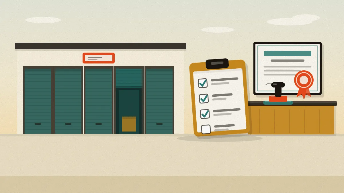 Flat illustration of a storage building with five teal doors, a clipboard with a ticked checklist beside it and a stamped certificate on a counter