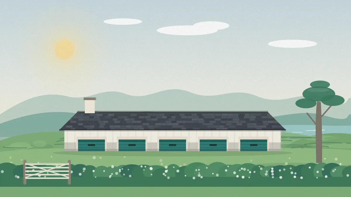 Flat illustration of a long cream-walled outbuilding with a slate roof and five teal doors, a hedge in white blossom with a five-bar gate in front, a tree on the right, and a lough with low rounded hills behind