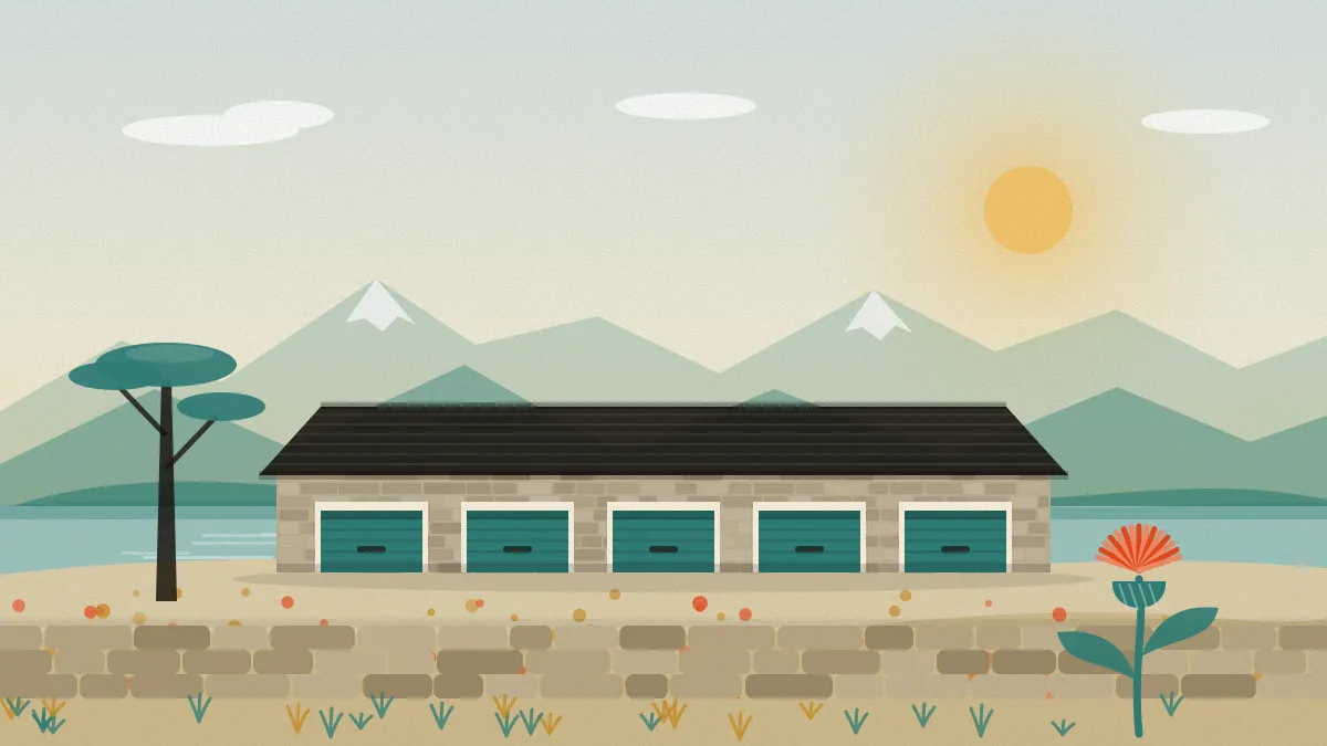 Flat illustration of a stone steading with five teal doors beside a loch, with hills, a Scots pine, a thistle and a drystone dyke