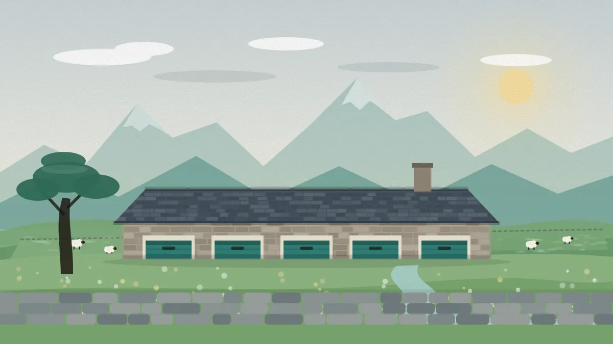Flat illustration of a long stone barn with a slate roof and five teal doors, a dry-stone wall in front, sheep and a tree beside a stream, and steep green mountains behind