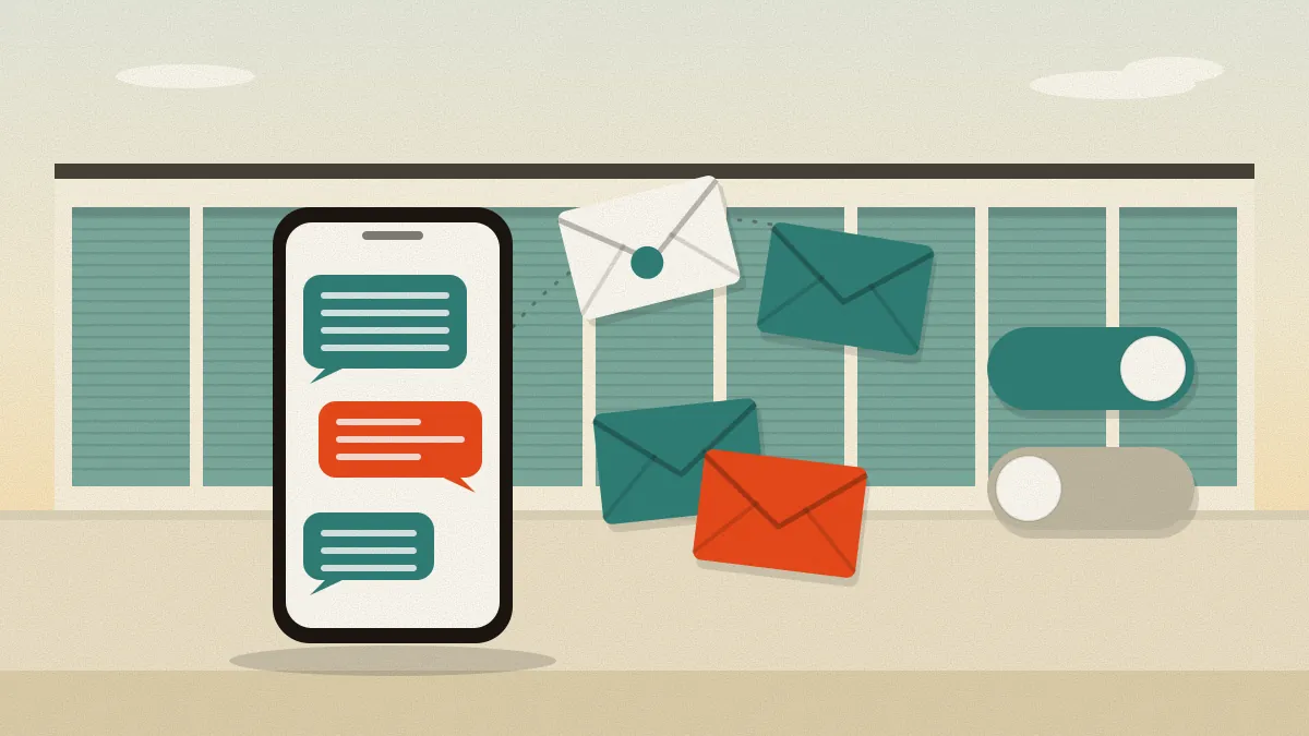 Flat illustration of a phone showing teal and coral message bubbles beside envelopes and two toggle switches, in front of a wall of storage unit doors