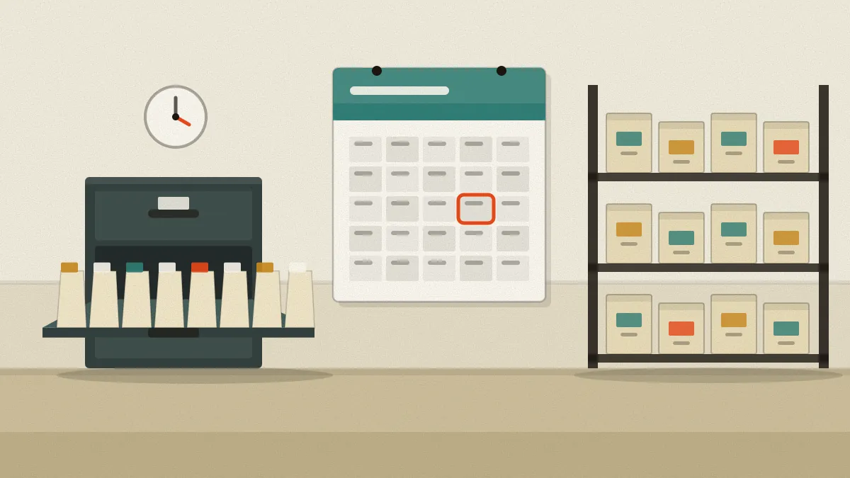 Flat illustration of an office corner with a wall calendar with one day ringed, a filing cabinet with a drawer pulled out on a row of folders, a wall clock and shelves of labelled archive boxes