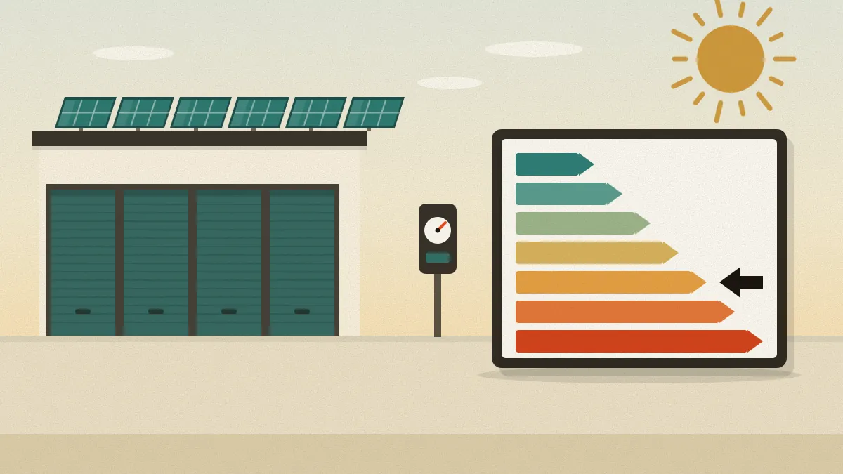 Flat illustration of a storage building with solar panels on its roof beside a rating scale of coloured bars and an electricity meter