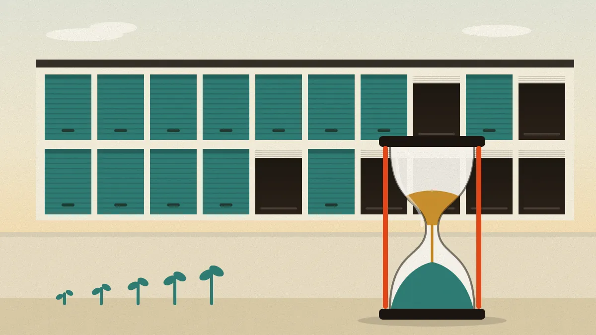 Flat illustration of two rows of storage unit doors filling from left to right, beside an hourglass with teal sand and small seedlings