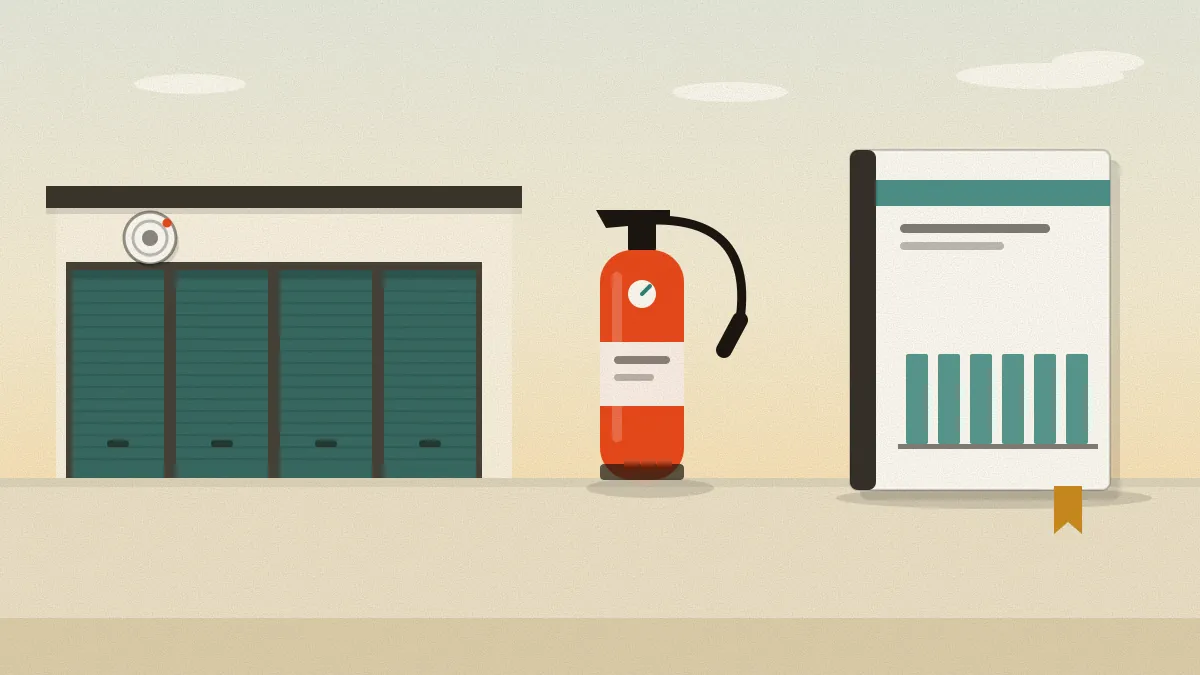 Flat illustration of a storage building with four teal roller doors and a round smoke detector on the wall above them, an orange-red fire extinguisher beside it, and a report with a bar chart on its cover