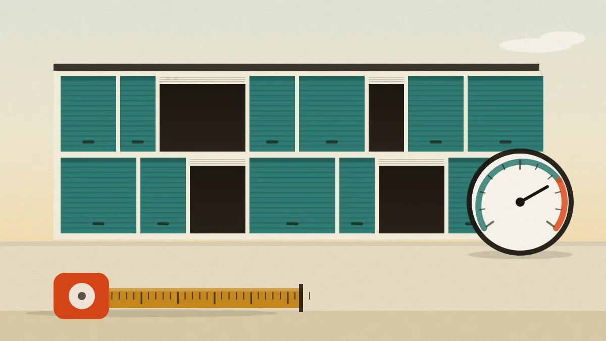 Flat illustration of a two-storey wall of storage doors of different widths, with a dial gauge on the right and a tape measure lying on the ground