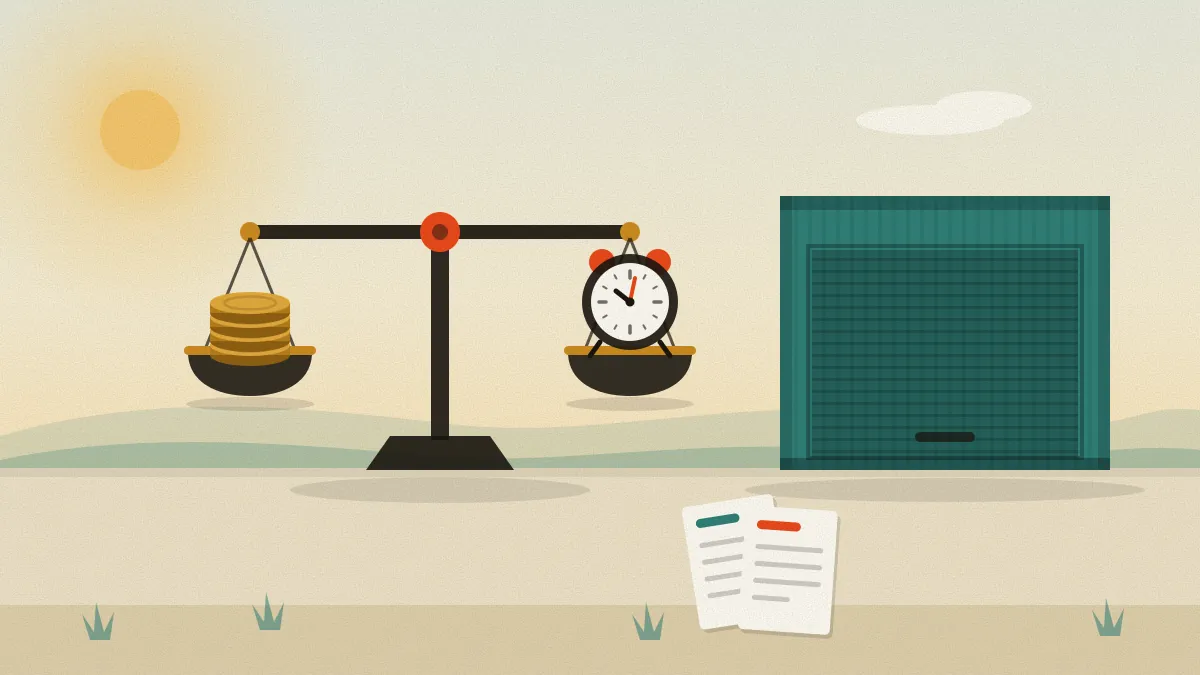 Flat illustration of a level balance scale with a stack of coins on one pan and an alarm clock on the other, beside a closed green storage unit door and two sheets of paper on the ground