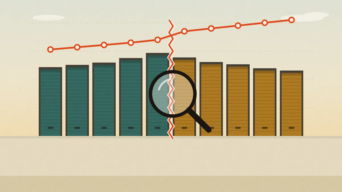 Flat illustration of a storage corridor with two hand-drawn line charts on the wall, one climbing and one dipping, and a long tape measure on the floor