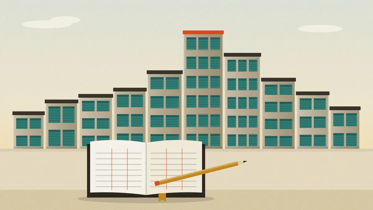 Flat illustration of a skyline of ten storage blocks of different heights beside an open ledger and a pencil