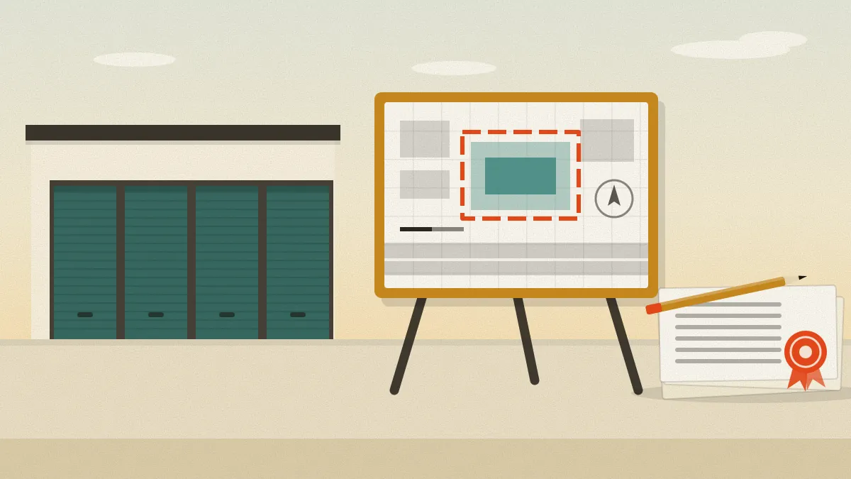 Flat illustration of a storage building with four teal roller doors beside a site plan on an easel with a dashed boundary line and a north arrow, and a stack of papers with a decision letter, a seal and a pencil