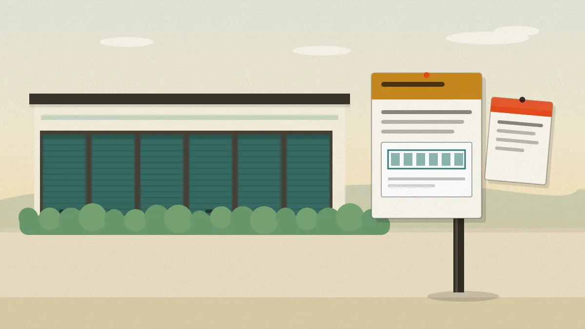 Flat illustration of a long storage building with six teal doors behind a low hedge, and in front a post carrying a planning notice with an amber header and a small building plan, with a second smaller sheet pinned beside it