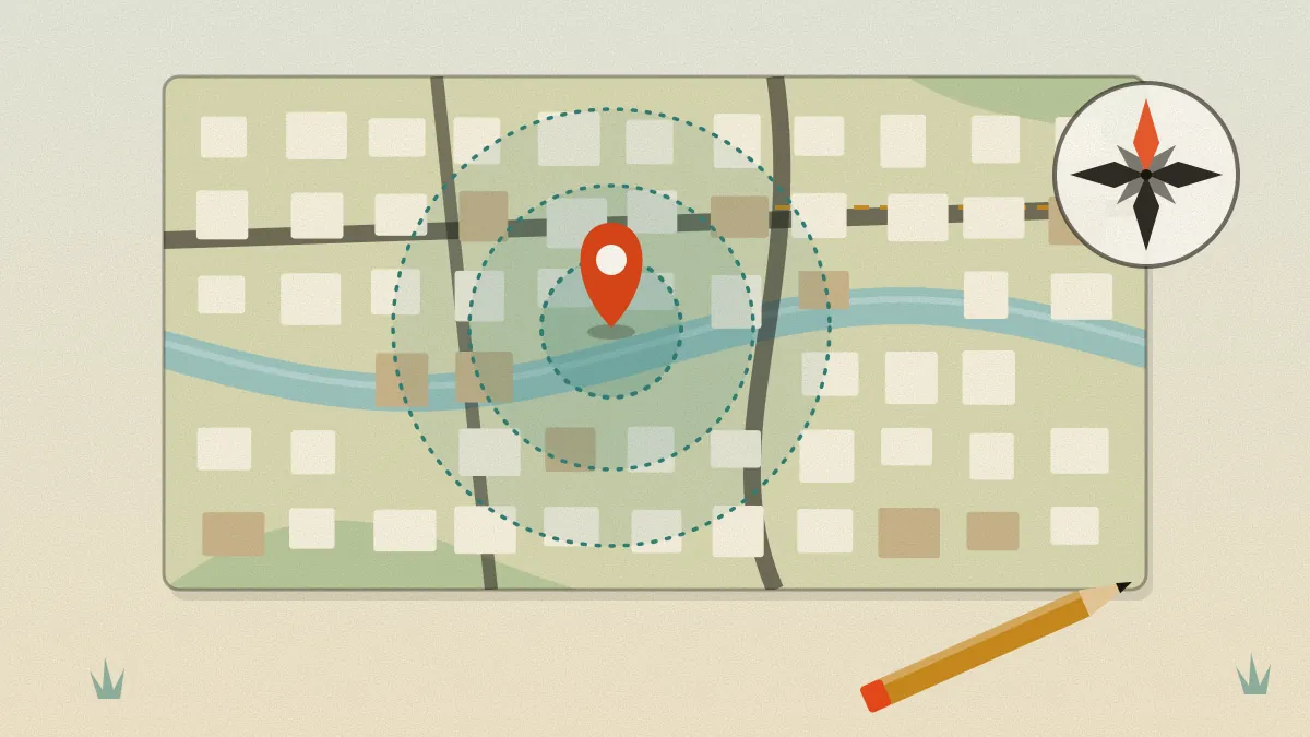 Flat illustration of a street map with a red pin at the centre of three dotted catchment rings, a river, a compass in the corner and a pencil below