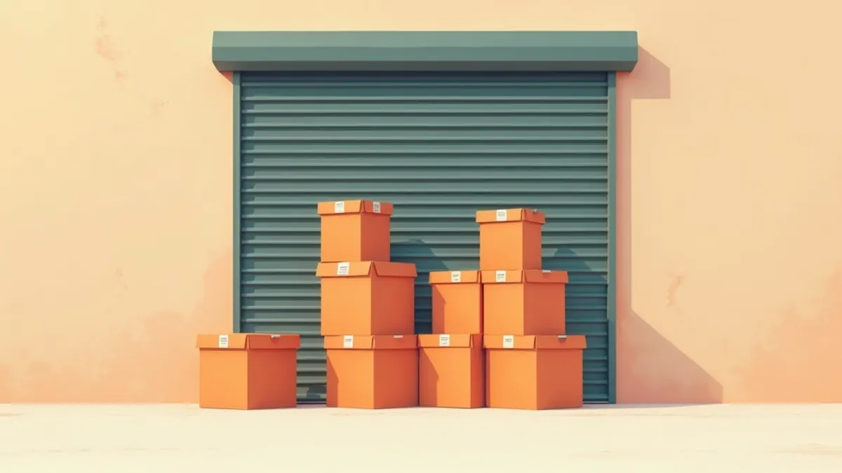 Flat illustration of stored boxes behind a padlocked shutter