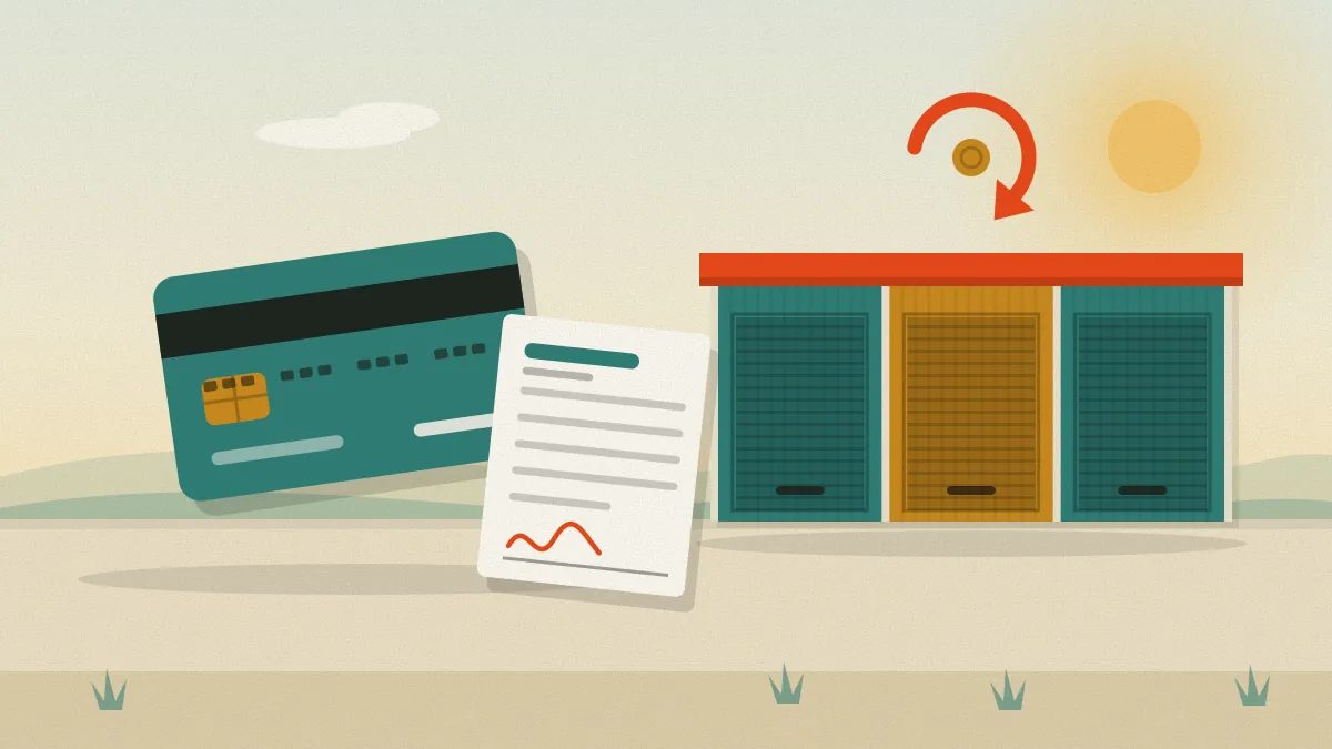 Flat illustration of a payment card and a signed agreement beside a row of three storage unit doors, with a curved arrow circling a coin above them