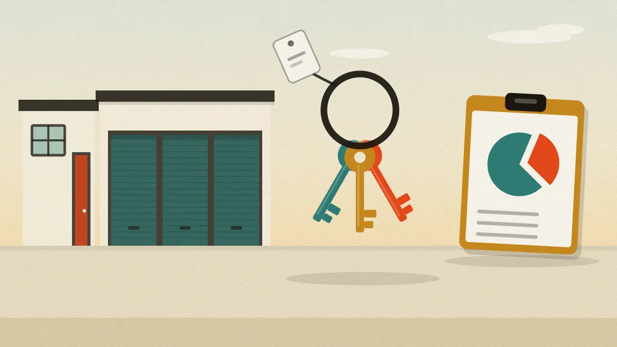 Flat illustration of a small storage site with three roller doors, a large ring of three keys with a paper tag in front of it, and a clipboard carrying a pie chart with one slice drawn out