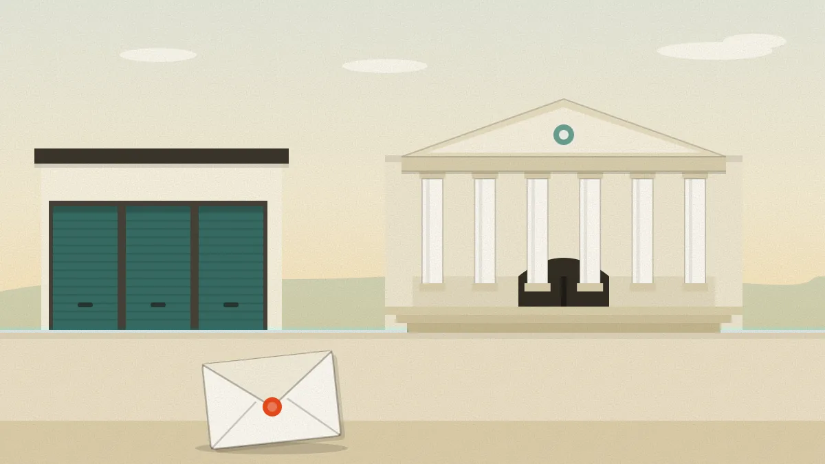 Flat illustration of a three-door storage block beside a pillared county court building on three steps, with a cream envelope sealed with a coral disc lying on the paving in front