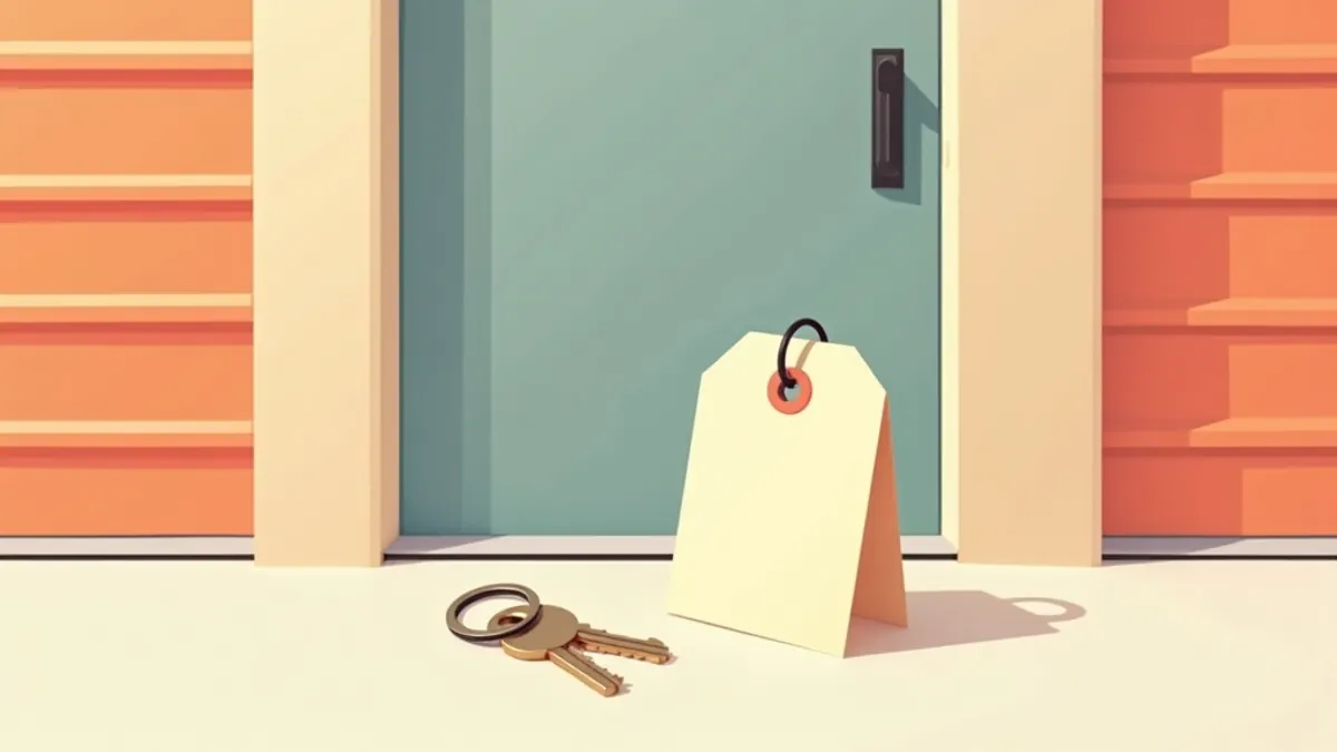 Flat illustration of a price tag and keys in front of a storage unit