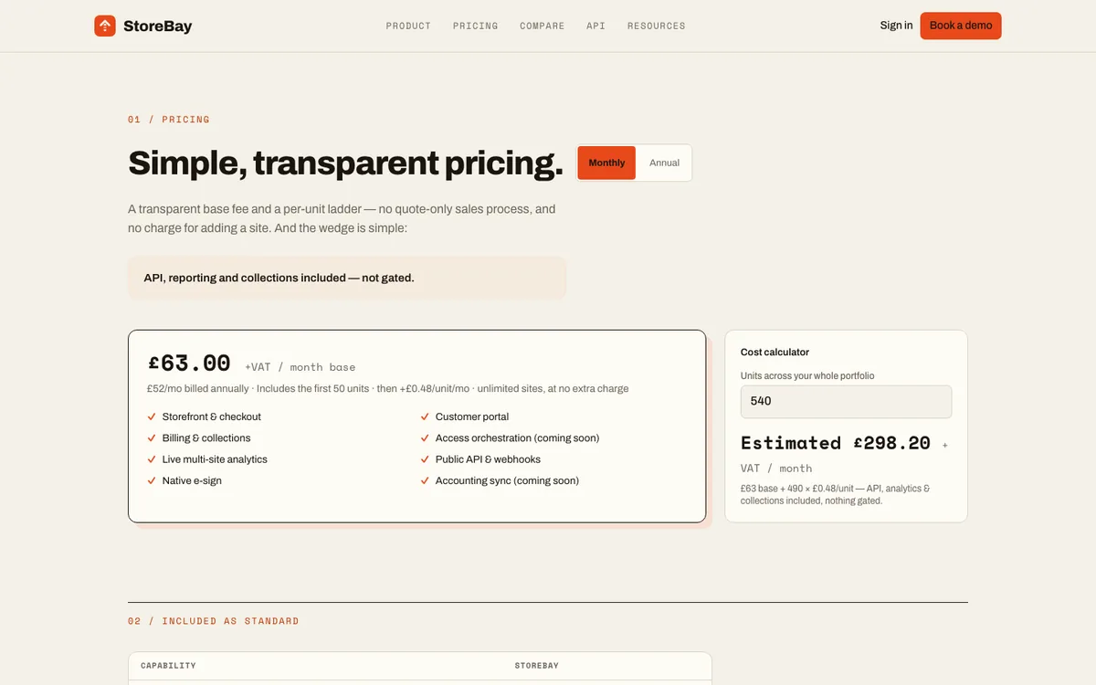 A screenshot of StoreBay's live pricing page: a £63 +VAT base, everything included, and a live cost calculator