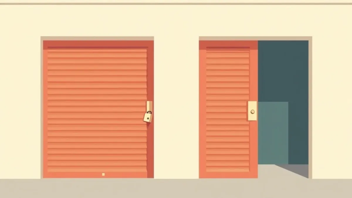 Flat illustration of two storage unit doors, one open and one padlocked