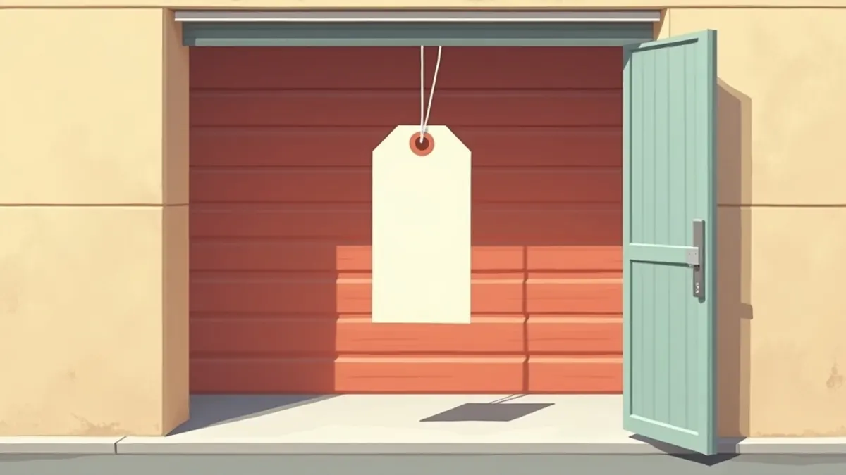 Flat illustration of a price tag in front of an open storage unit